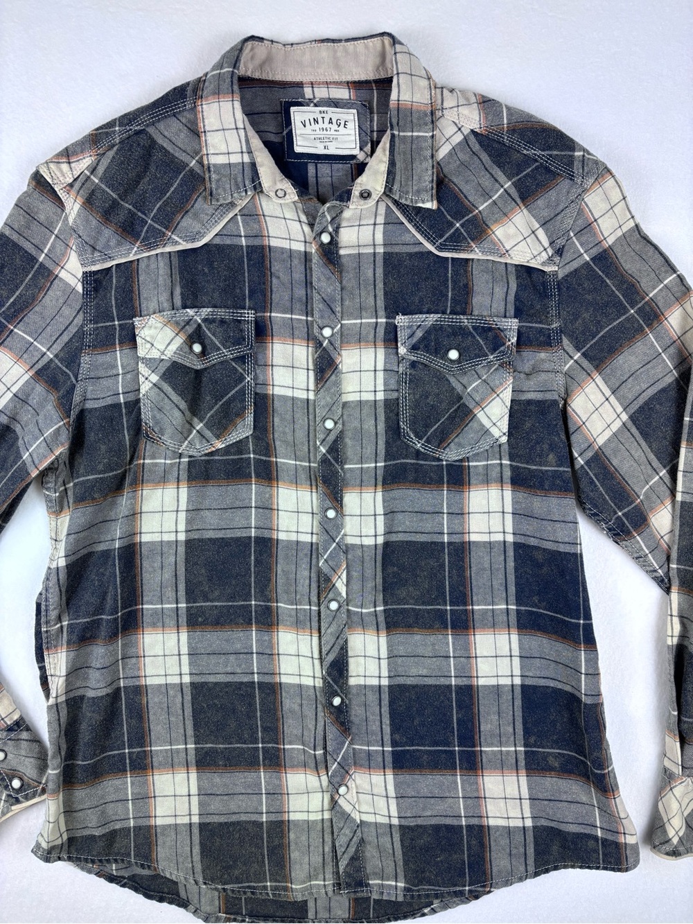 BKE Vintage Button-Front FlannelPlaid Shirt Navy, Gray, Cream Mens XL